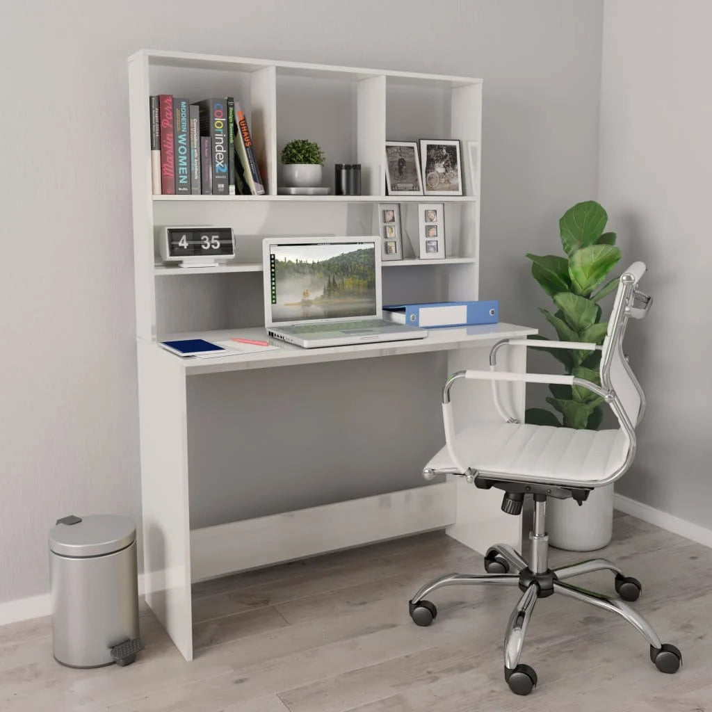 High Gloss White Engineered Wood Desk with Shelves M284
