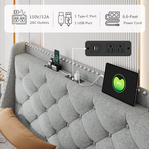 Beige Upholstered Full Bed Frame with USB Ports Q666
