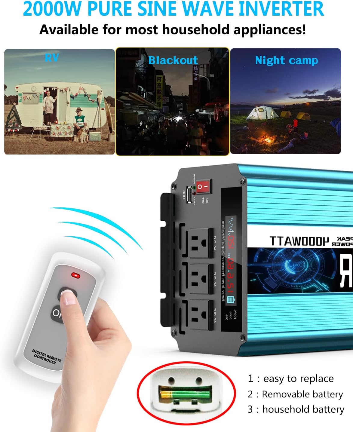 2000W Pure Sine Wave Power Inverter 12V DC to AC 110V/120V Converter with LCD Display G144835