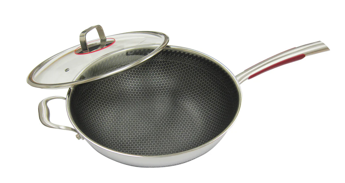34cm Non Stick 3-ply Stainless Steel Wok with Glass Lid Y905