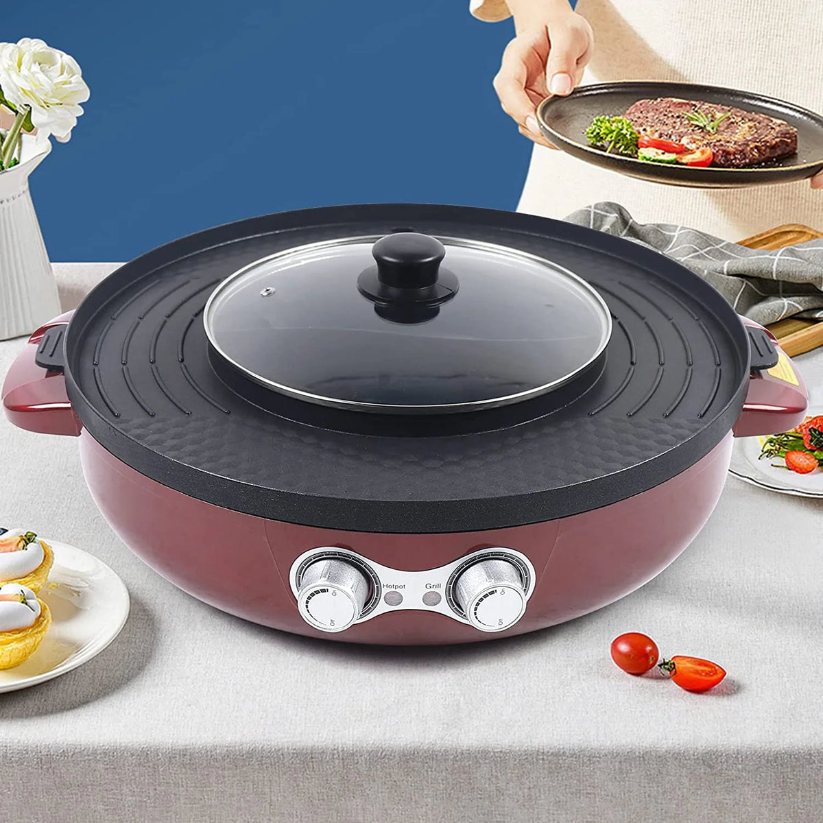 2 in 1 Electric Smokeless BBQ Grill and Hot Pot, 3.6L 2200W Y61753