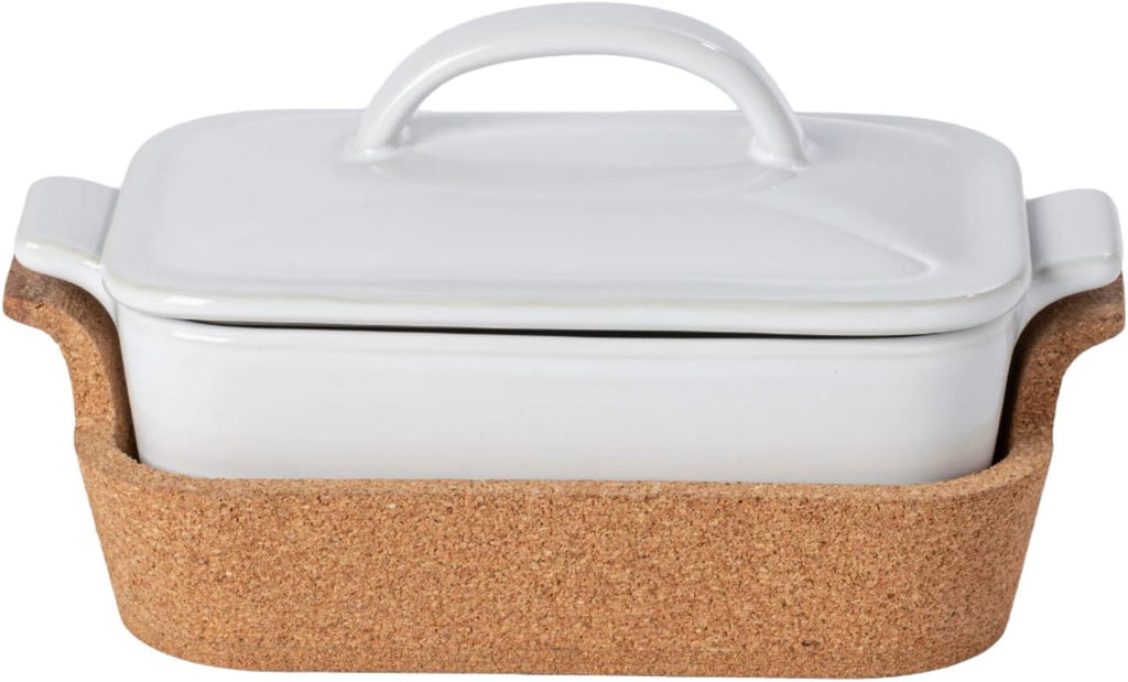 White Stoneware Rectangular Covered Casserole with Cork Tray G957
