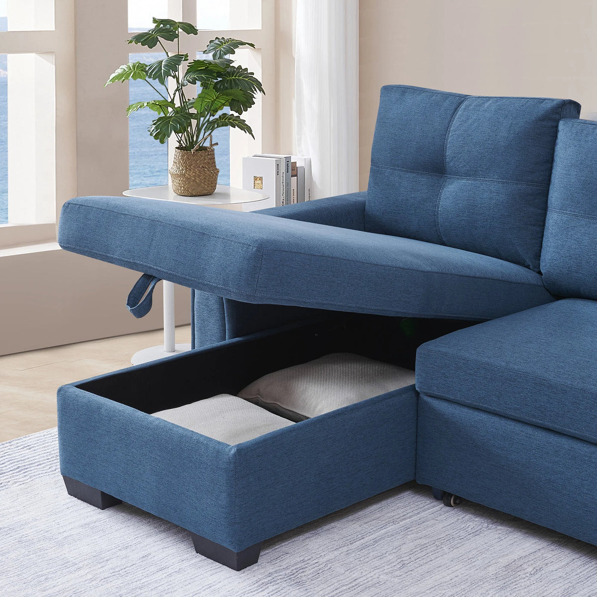 Blue L-Shape Pull-Out Sleeper Sectional Sofa G276