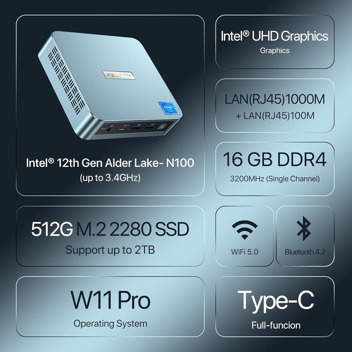 Mini PC, Intel 12th Gen N100, 16GB DDR4 RAM 512GB M.2 PCIe SSD Q1854
