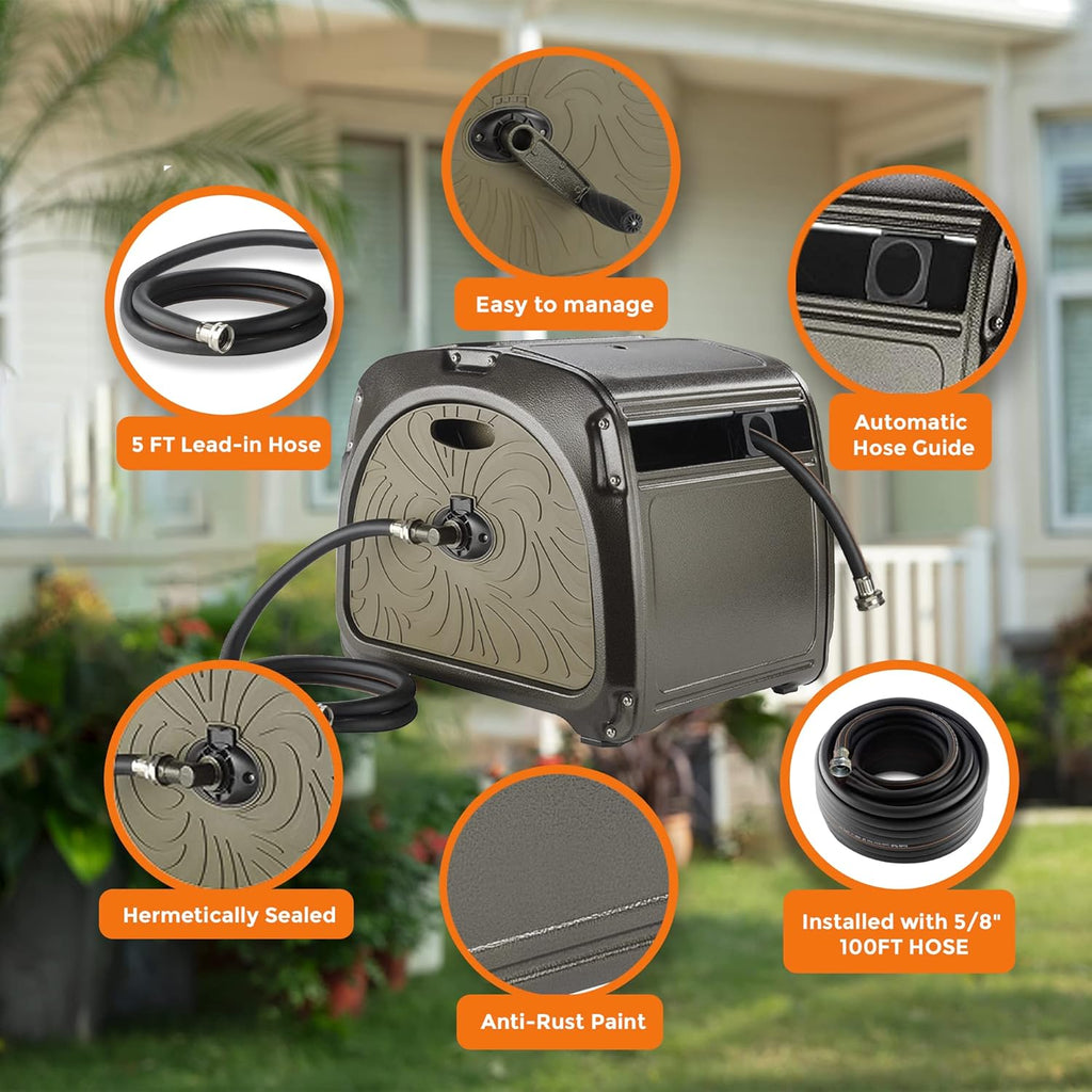 Metal Hose Reel Box with Crank Handle, 150ft Capacity K66259
