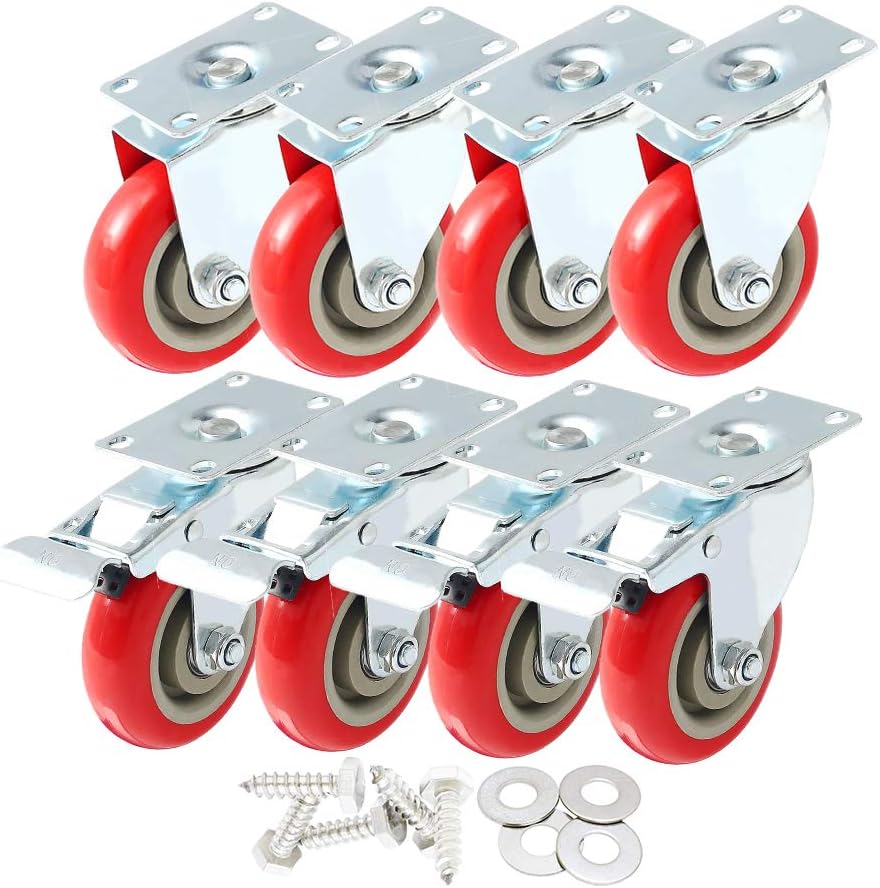 8 Pack 4 Caster Wheels Swivel 360 Degree with Brake Red Polyurethane R9541