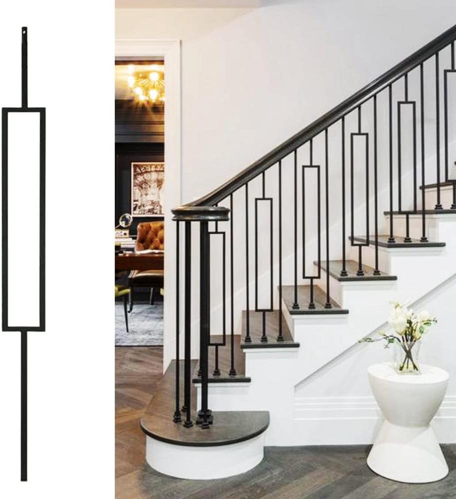 Satin Black Wrought Iron Balusters, Set of 10, Hollow Rectangle Iron Spindles N15743