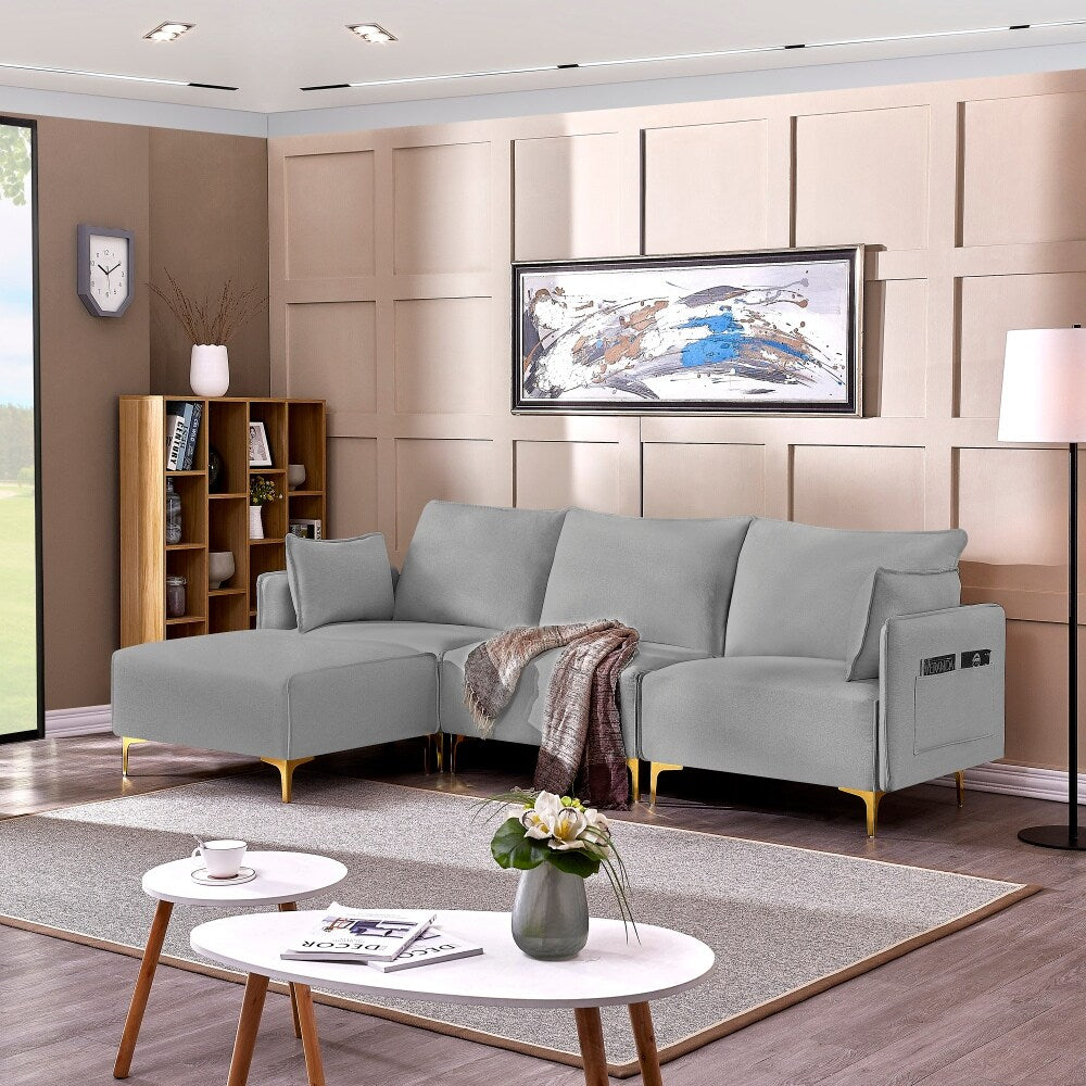 Grey L-Shape Sectional Sofa with USB Charging Socket O9027