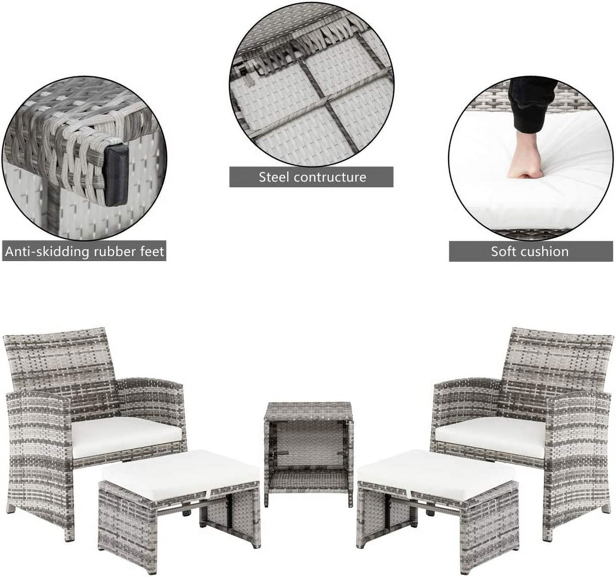 5 Pcs Wicker Rattan Cushioned Patio Sofa Set with Ottoman & Table T81087