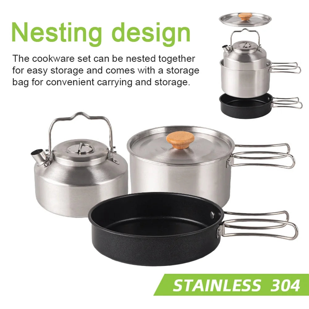 Stainless Steel Camping Cookware Set with Pot Frying Pan Kettle C50010