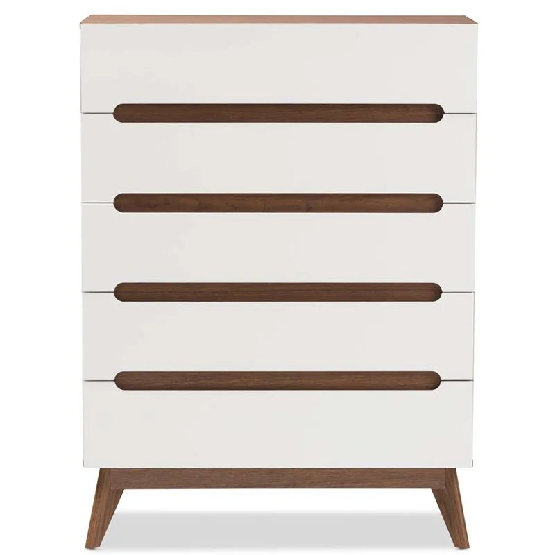 Mid Century Modern White and Walnut Chest and Nightstand Set P476