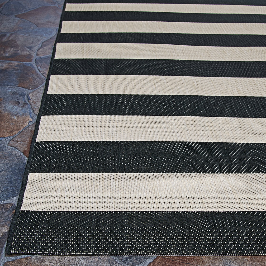 Onyx Black and Ivory Stripe Outdoor Rectangle Rug U88560