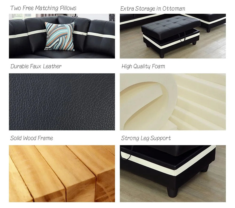 Black & White Faux Leather Sectional with Ottoman P6756