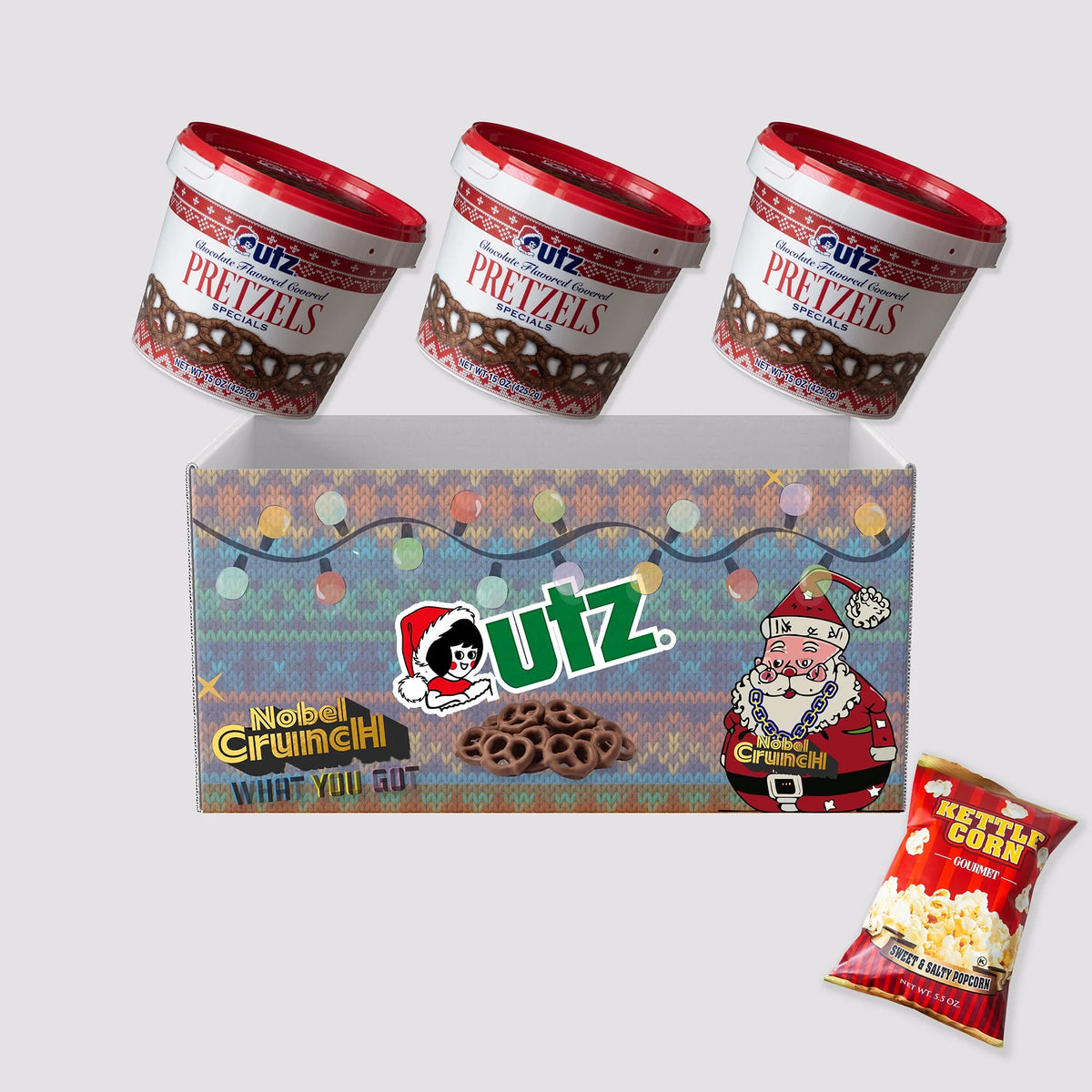 Chocolate Flavored Covered Holiday Pretzels (3, 15oz barrels) - Sweet and Salty Kettle Popcorn (1, 5.5oz) - 4 Items Total Q475674