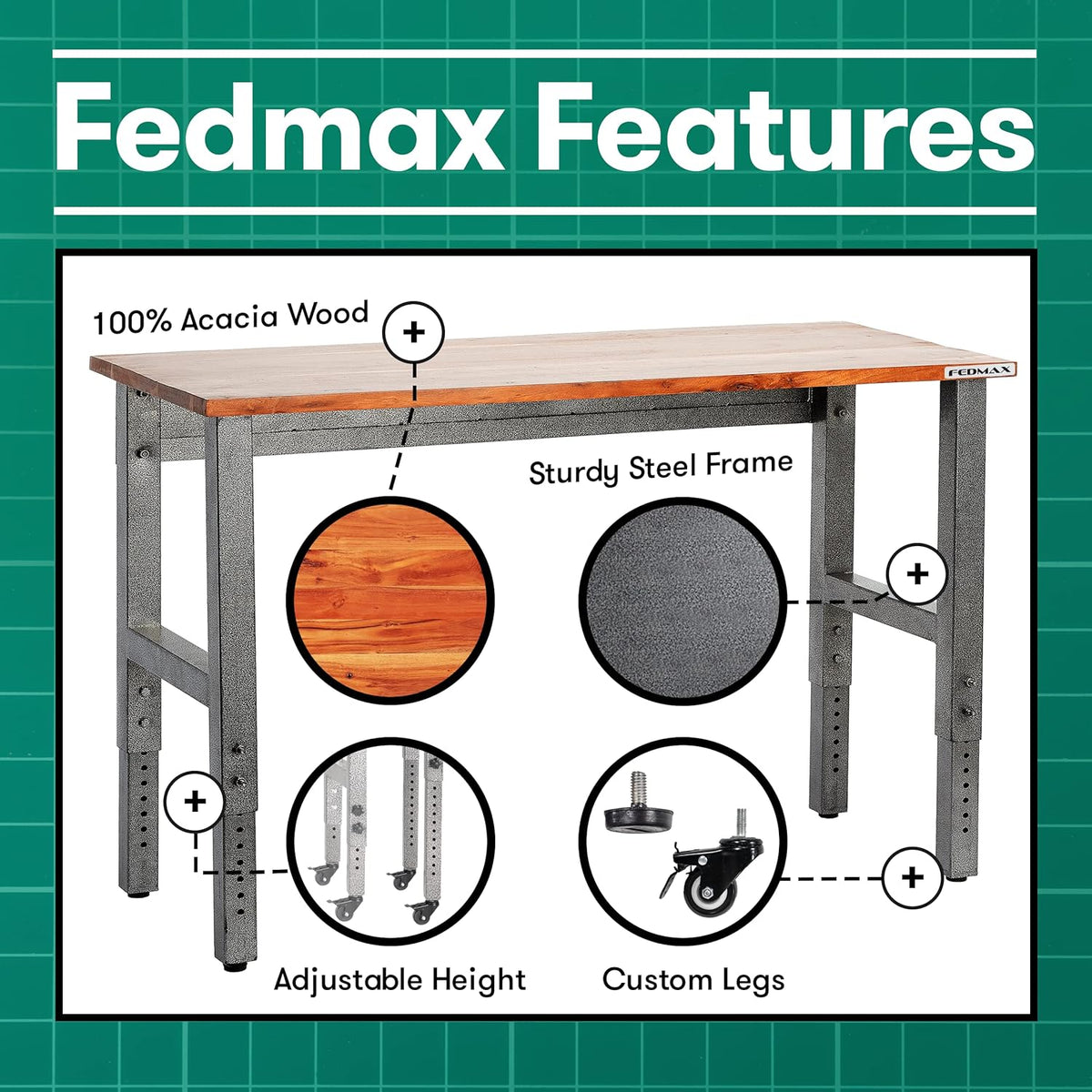 48 Wide Rolling Metal Workbench with Acacia Top G435