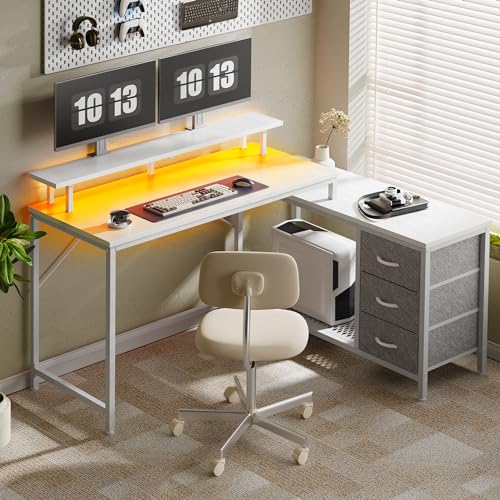 Reversible L Shaped Computer Desk with Drawers, LED Lights, Power Outlets, Black F4974