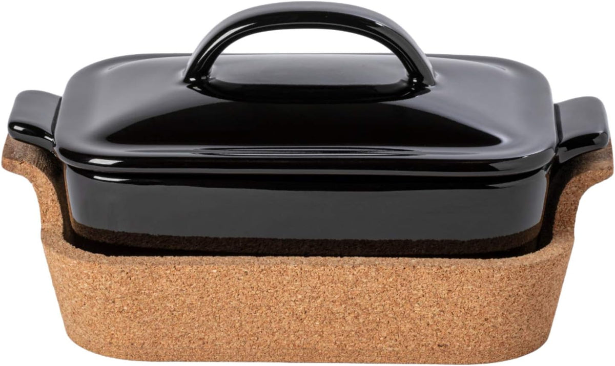 White Stoneware Rectangular Covered Casserole with Cork Tray G957