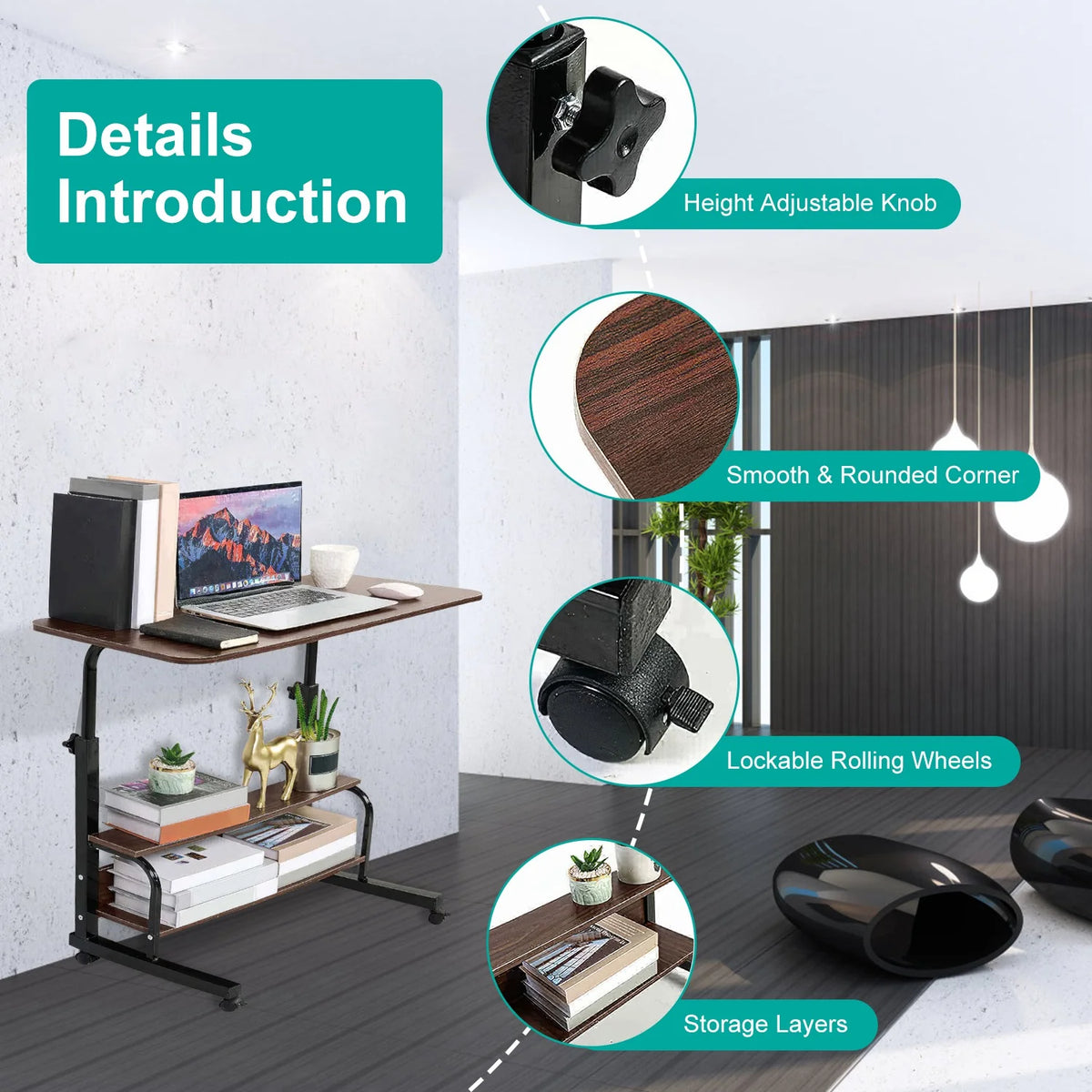 Height Adjustable Mobile Laptop Desk Cart with Lockable Wheels Z9263