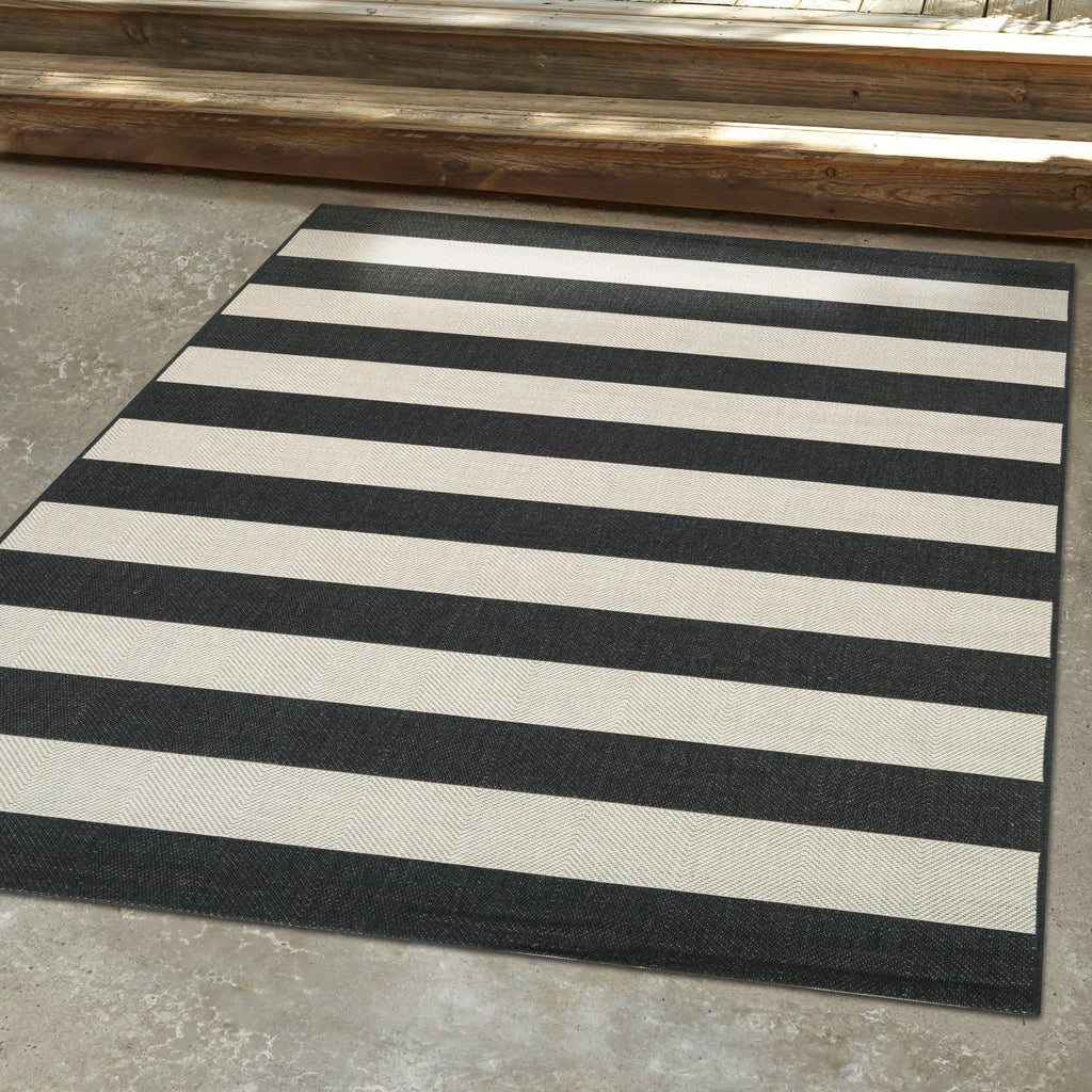 Onyx Black and Ivory Stripe Outdoor Rectangle Rug U88560