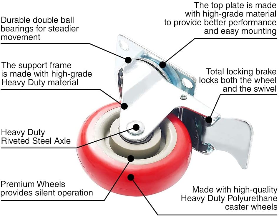 8 Pack 4 Caster Wheels Swivel 360 Degree with Brake Red Polyurethane R9541