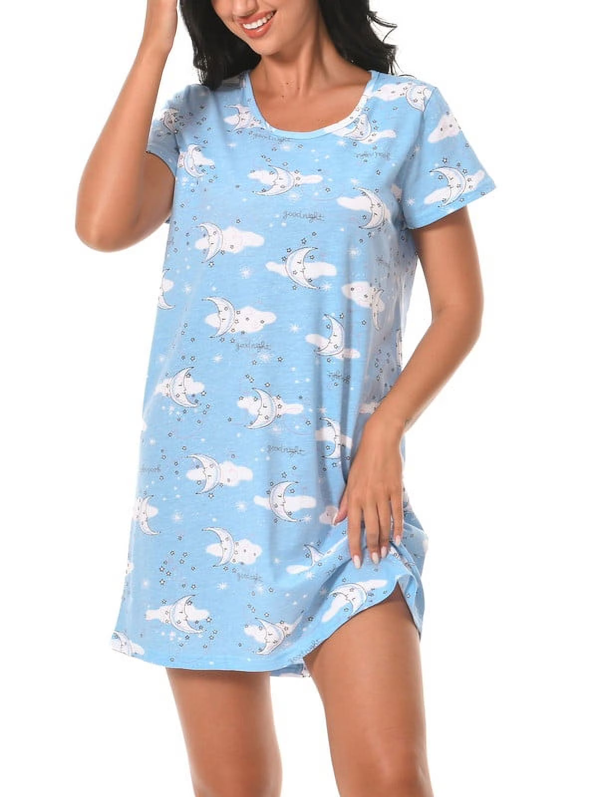 Cotton Short Sleeve Cartoon Printed Night Shirts (Blue Moon, M) B976