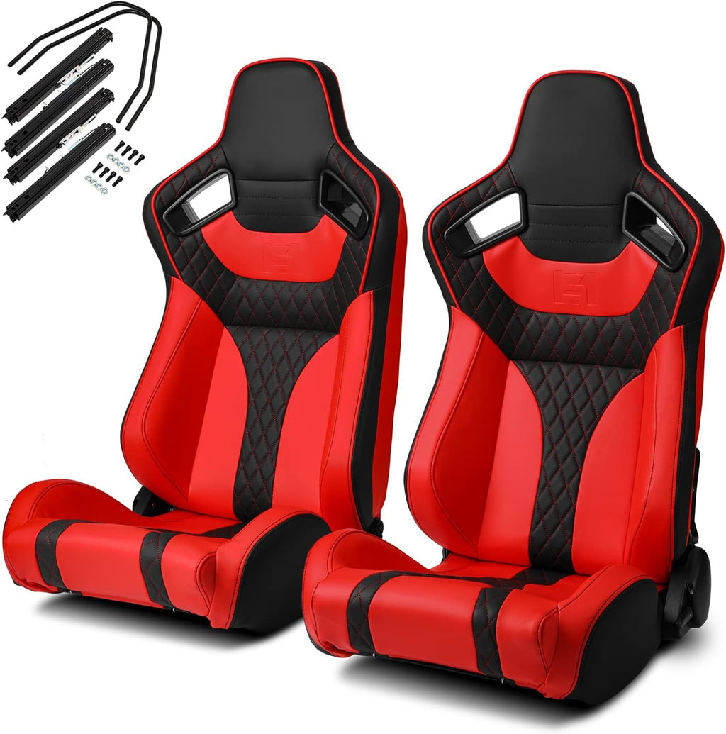 Pair of Red and Black PVC Leather Sport Racing Seats with Sliders O57490
