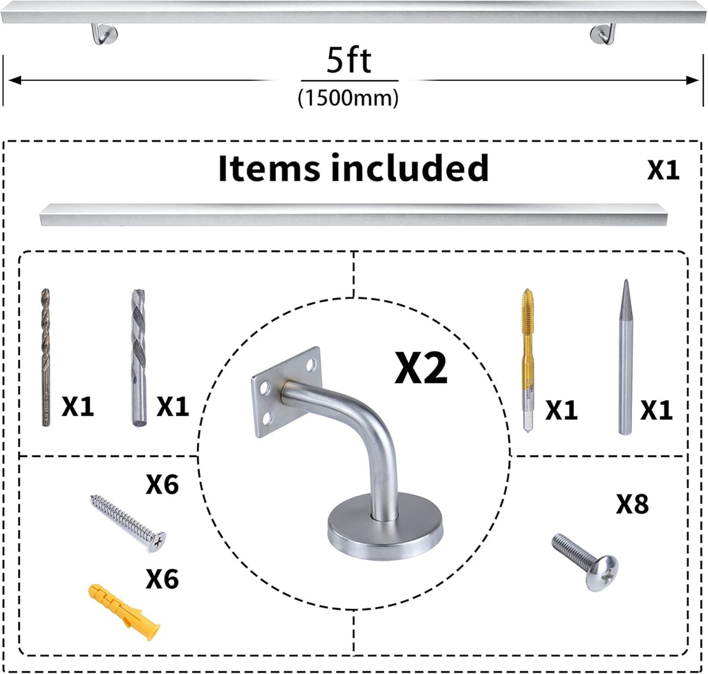Brushed Stainless Steel Wall Mounted Stair Handrail Y3376