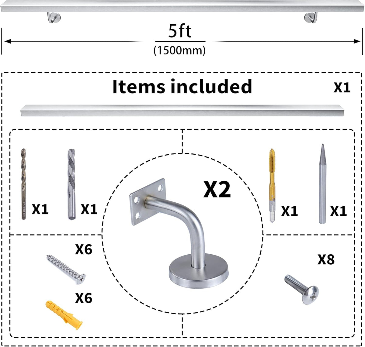 Brushed Stainless Steel Wall Mounted Stair Handrail Y3376