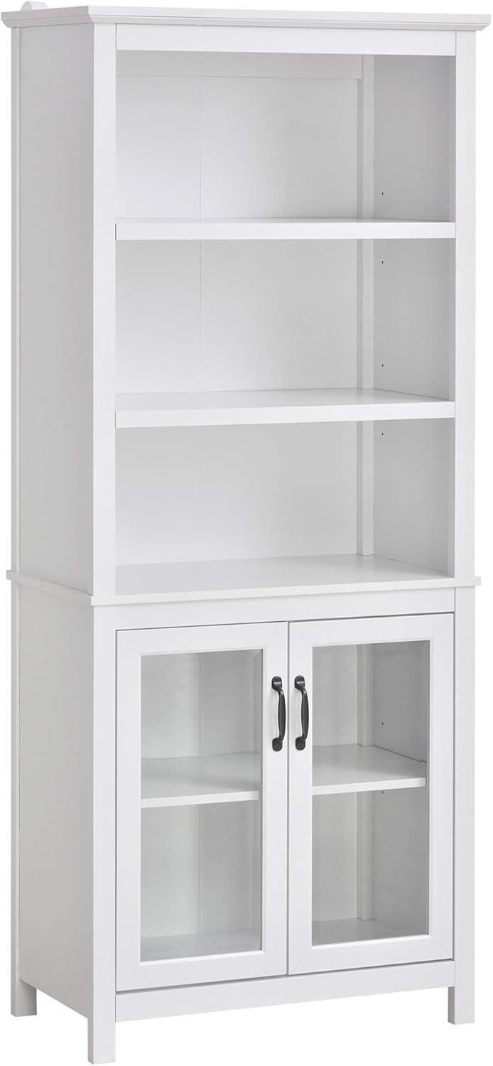 Natural Wood Bookcase Storage Hutch Cabinet with Adjustable Shelves and Glass Doors F730074