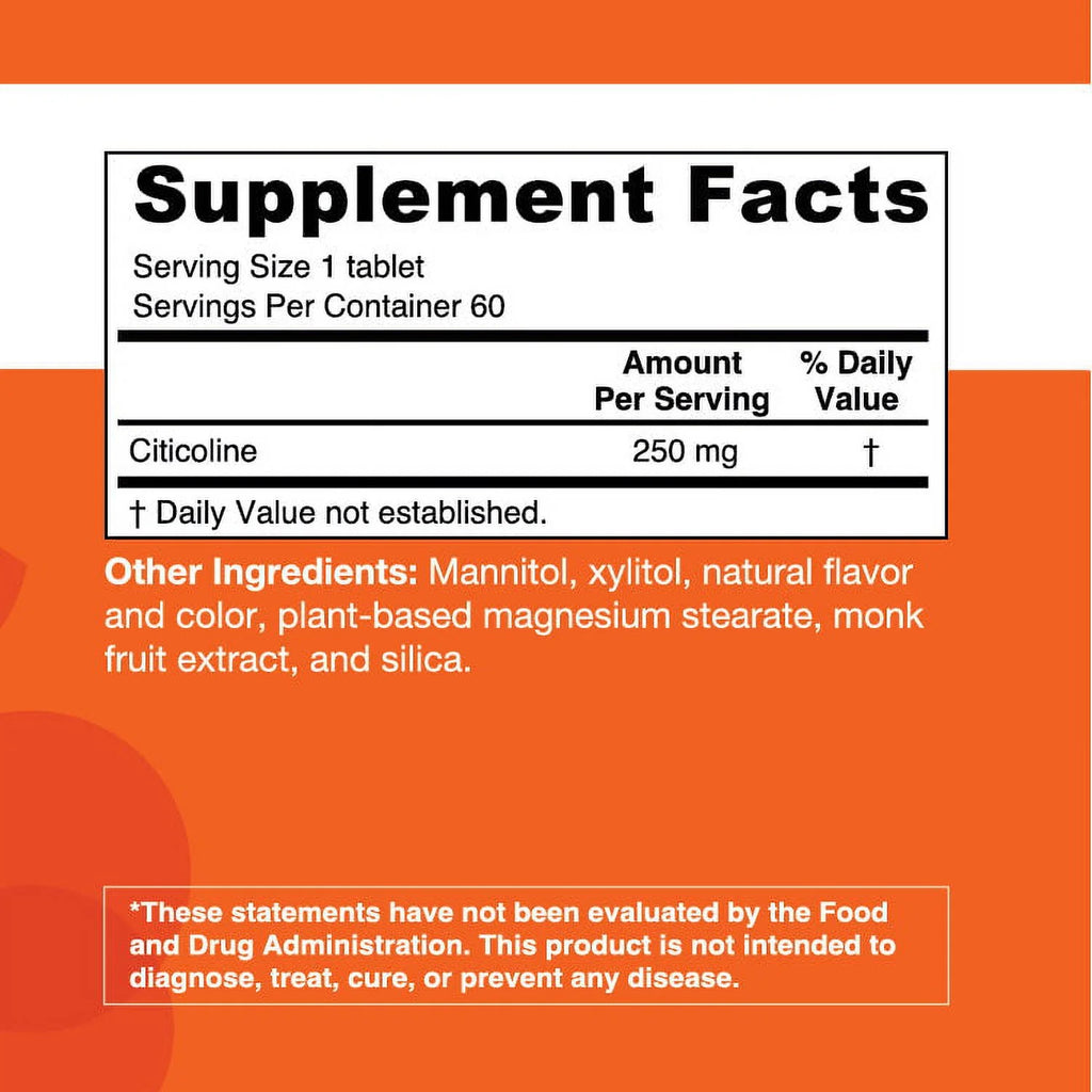 Citicoline 250 mg 60 Tablets Strawberry Flavored Vegan Dissolvable Fast Melting Dietary Supplements V8262