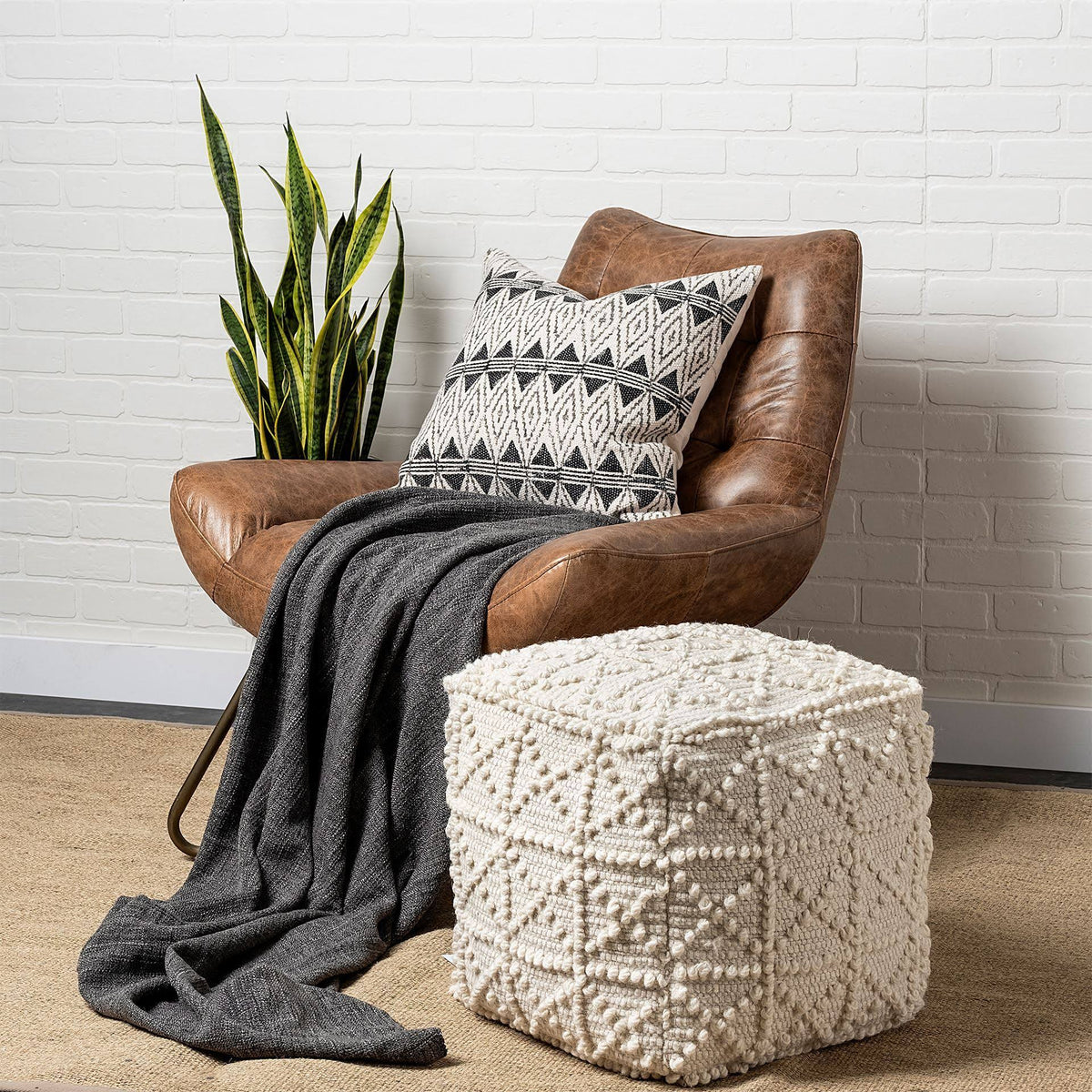 Ivory Wool Square Pouf X377617