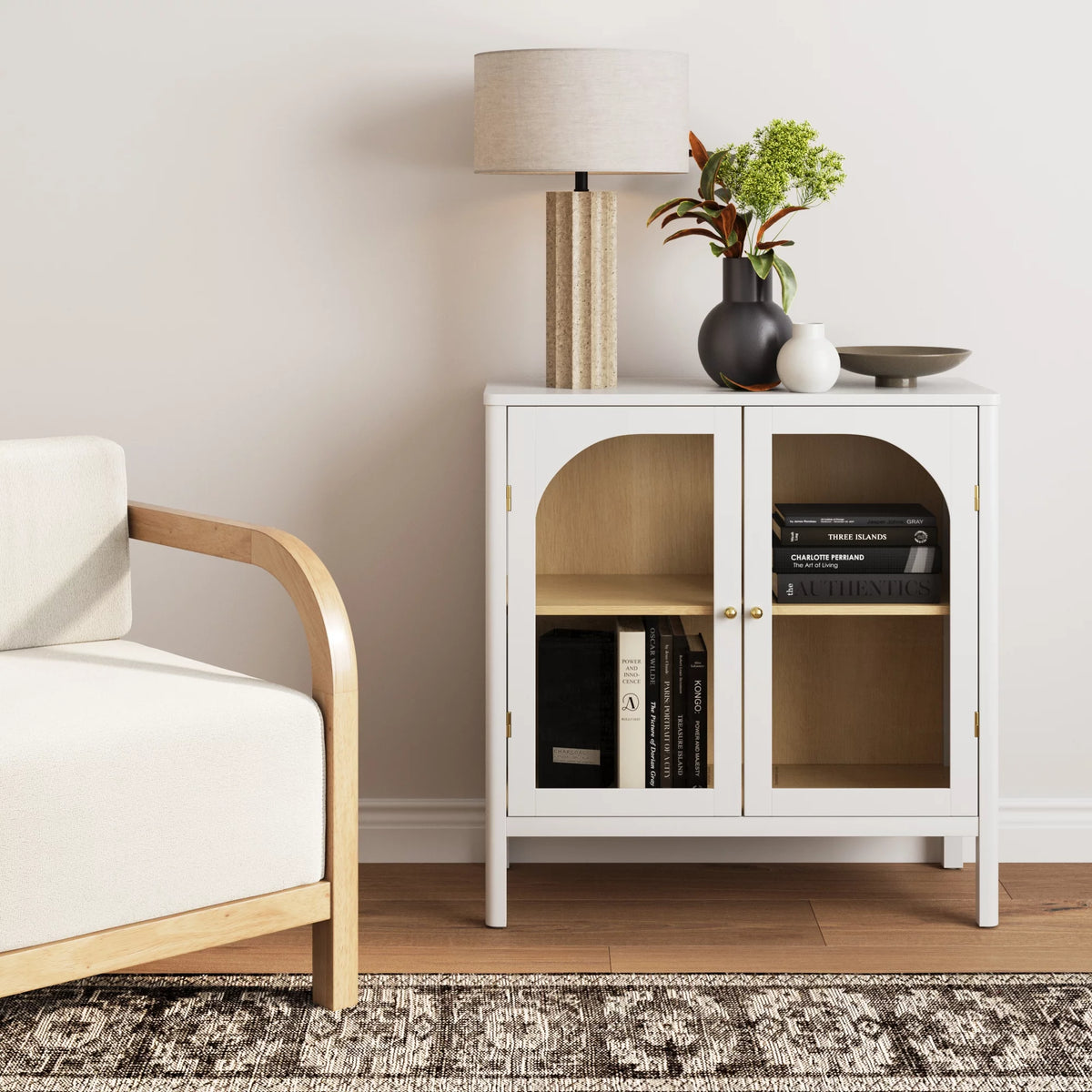 White Free Standing Sideboard Buffet with Glass Doors and Adjustable Shelf U88915