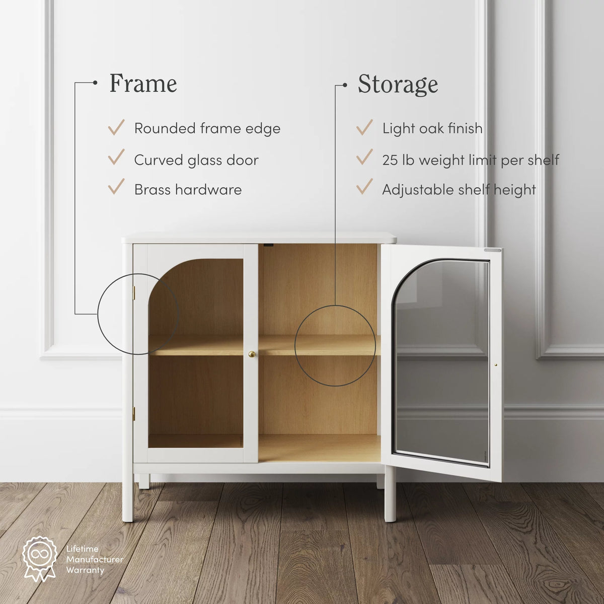 White Free Standing Sideboard Buffet with Glass Doors and Adjustable Shelf U88915