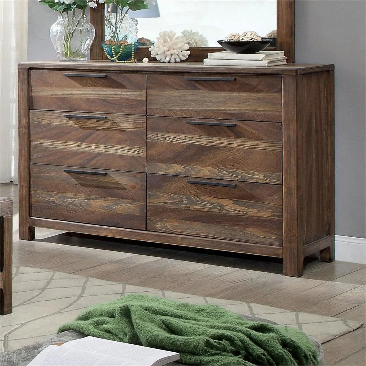 Solid Wood 6-Drawer Dresser in Rustic Natural Tone E4579