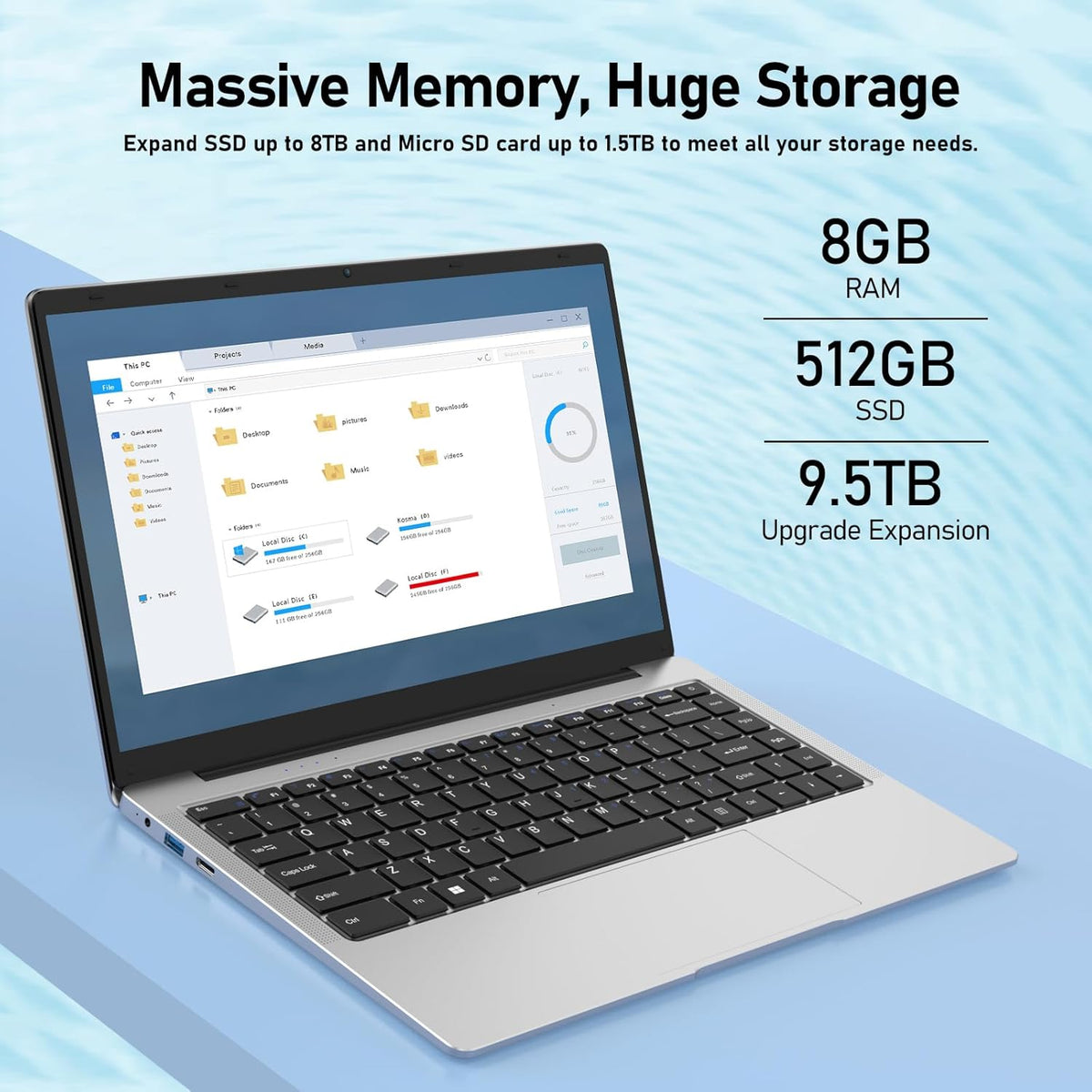 14.1" FHD IPS LCD Windows Laptop Computer, 8GB DDR4 RAM, 512GB M.2 SATA SSD, Intel Celeron J4105 Processor H16213