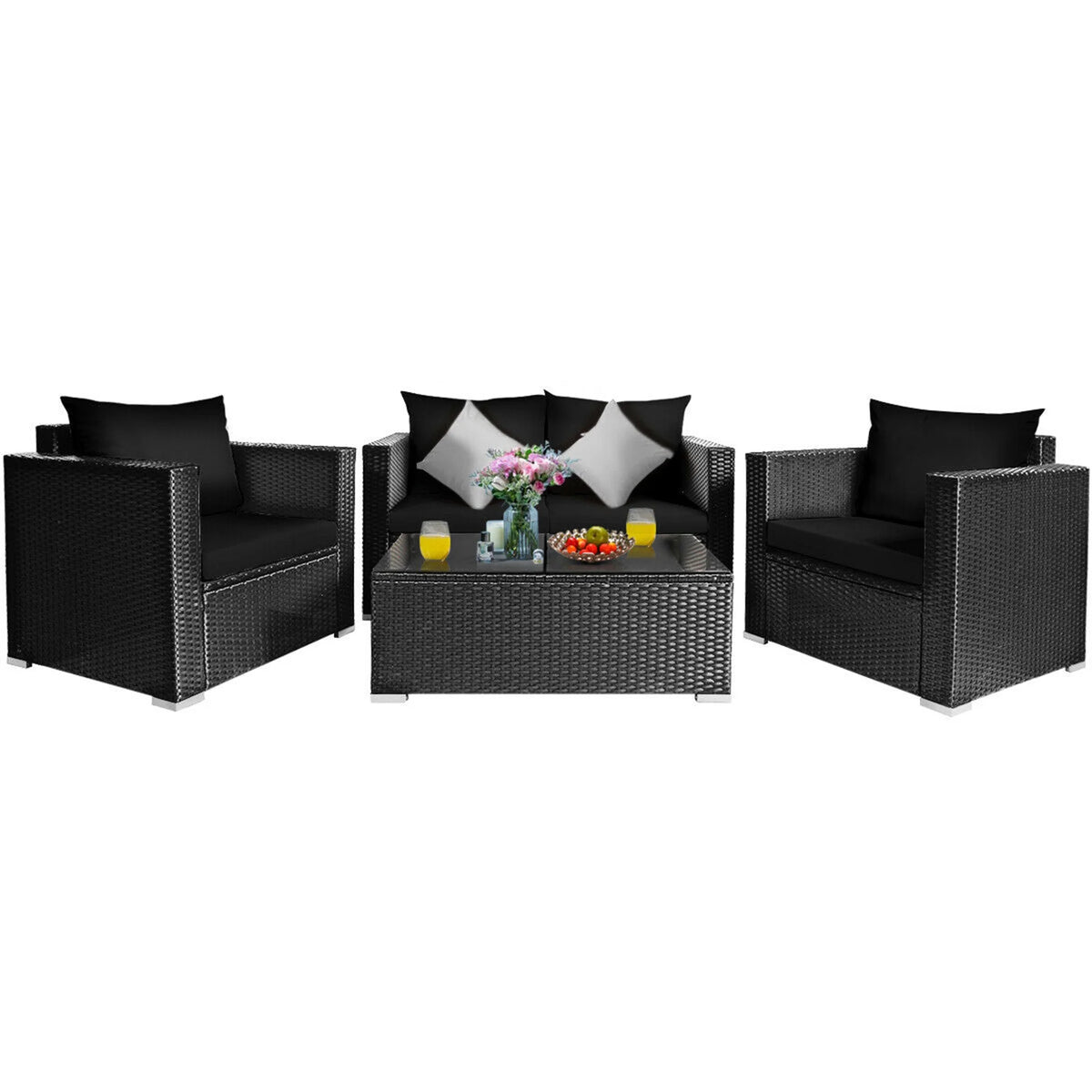 8 Pcs Rattan Patio Conversation Set with Black Cushions C841703