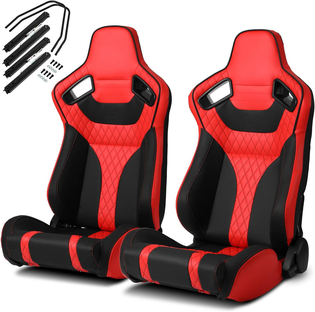 Pair of Red and Black PVC Leather Sport Racing Seats with Sliders O57490