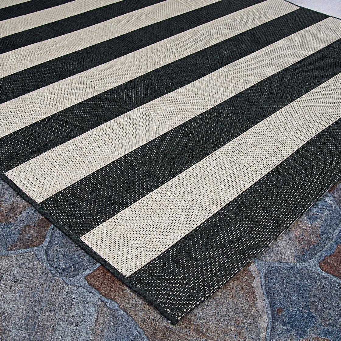 Onyx Black and Ivory Stripe Outdoor Rectangle Rug U88560