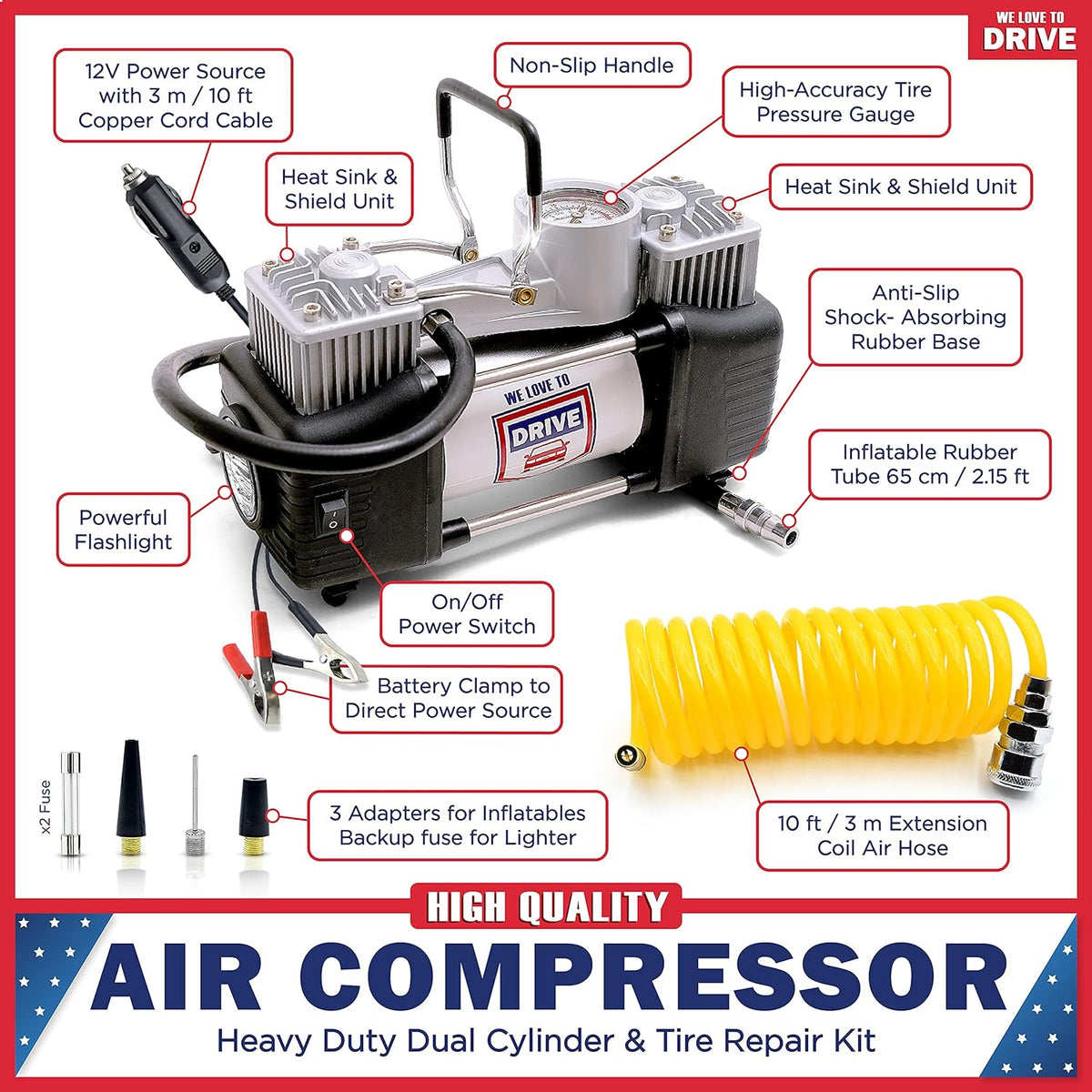 12V DC Portable Air Compressor Tire Inflator with 150 PSI Gauge & Carry Case B198013