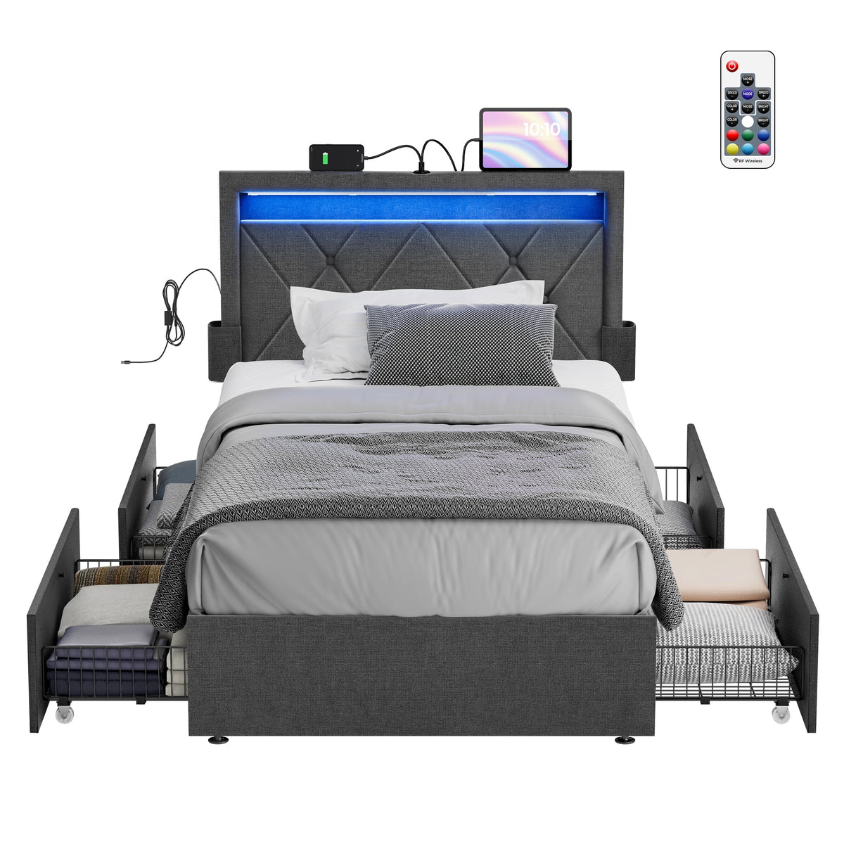 Twin Size LED Bed Frame with Headboard and 4 Drawers Dark Grey F2788