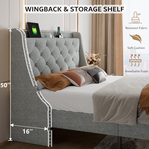 Beige Upholstered Full Bed Frame with USB Ports Q666