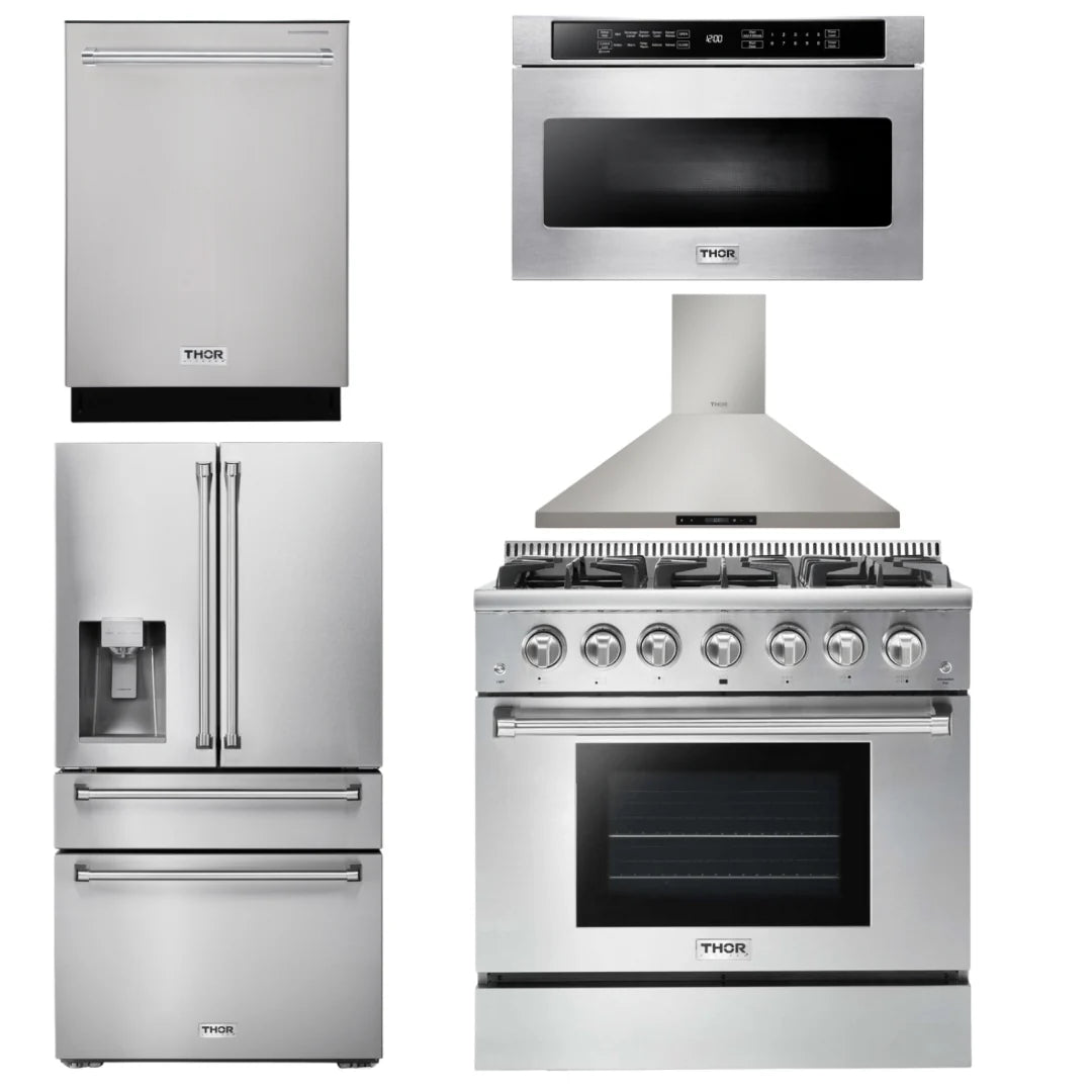 36 Propane Gas Range, Range Hood, Microwave, Refrigerator, Dishwasher L48174