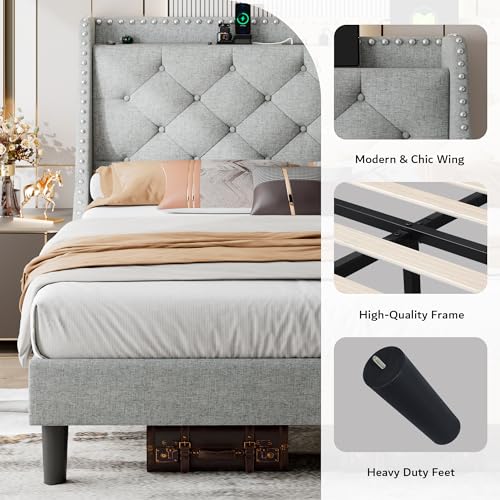 Beige Upholstered Full Bed Frame with USB Ports Q666