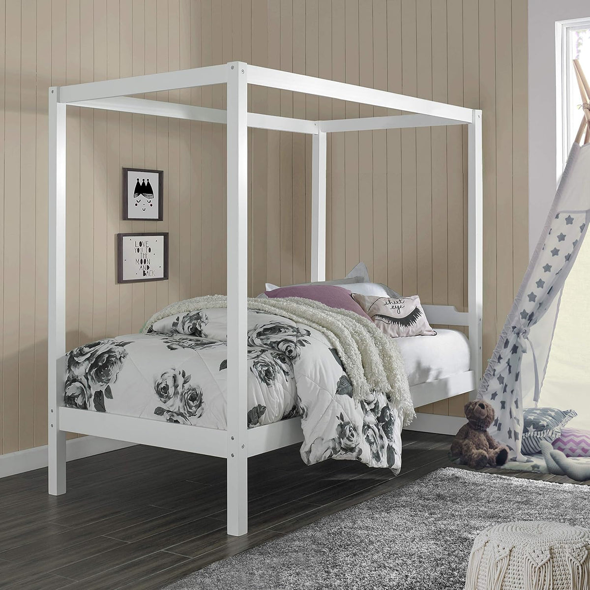 Wood Twin Size Canopy Bed E9114