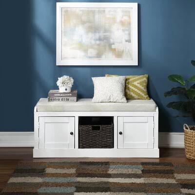 White Wood Storage Bench with 2 Cabinets and 1 Basket H325