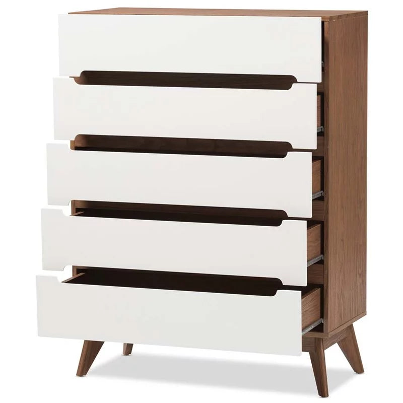 Mid Century Modern White and Walnut Chest and Nightstand Set P476
