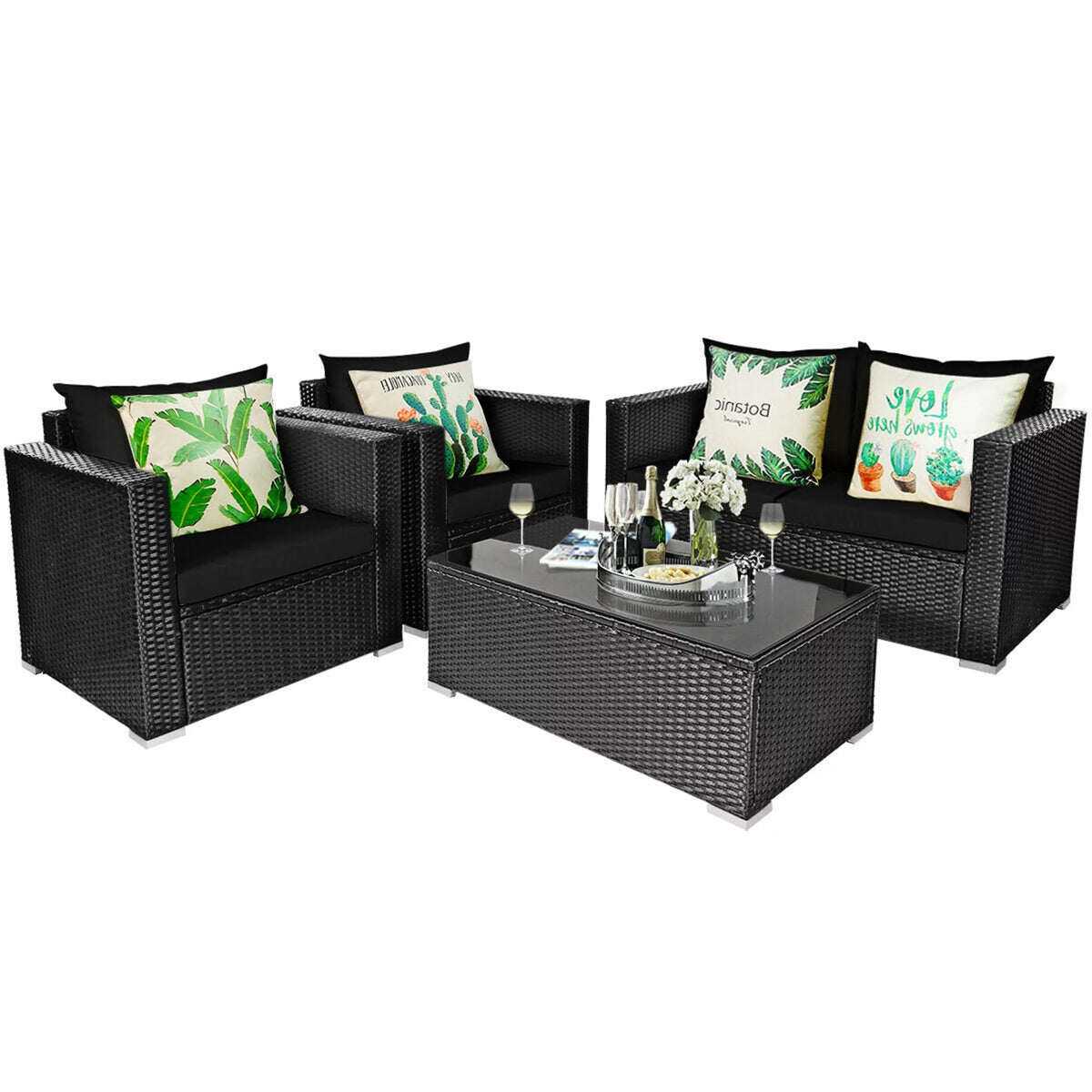 8 Pcs Rattan Patio Conversation Set with Black Cushions C841703