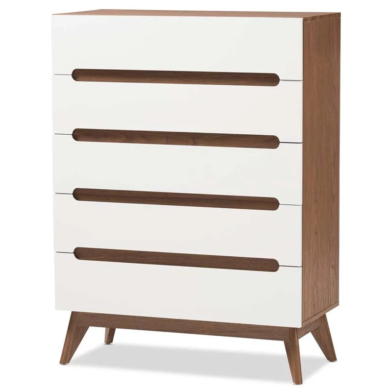 Mid Century Modern White and Walnut Chest and Nightstand Set P476