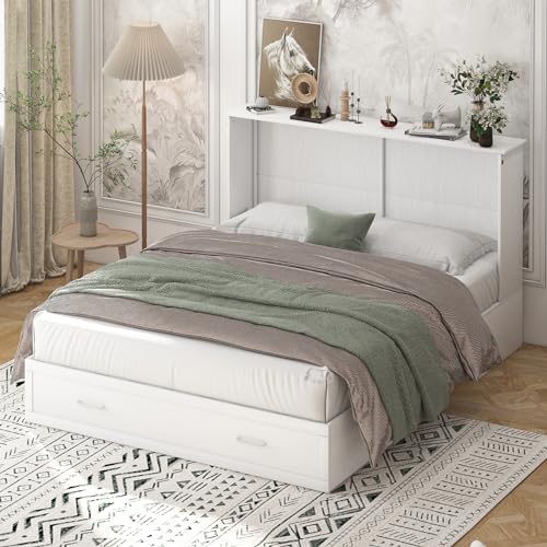 Queen Murphy Bed with Charging Station and Storage Drawers White Y62713