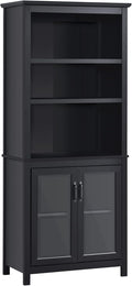 Natural Wood Bookcase Storage Hutch Cabinet with Adjustable Shelves and Glass Doors F730074